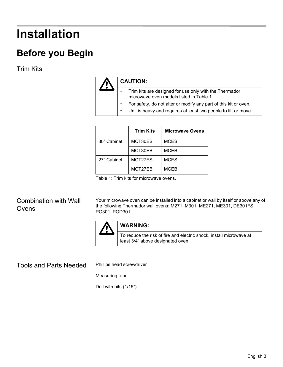 Installation, Before you begin, Trim kits | Table 1: trim kits for microwave ovens, Combination with wall ovens, Tools and parts needed | Thermador MCT30E User Manual | Page 5 / 44