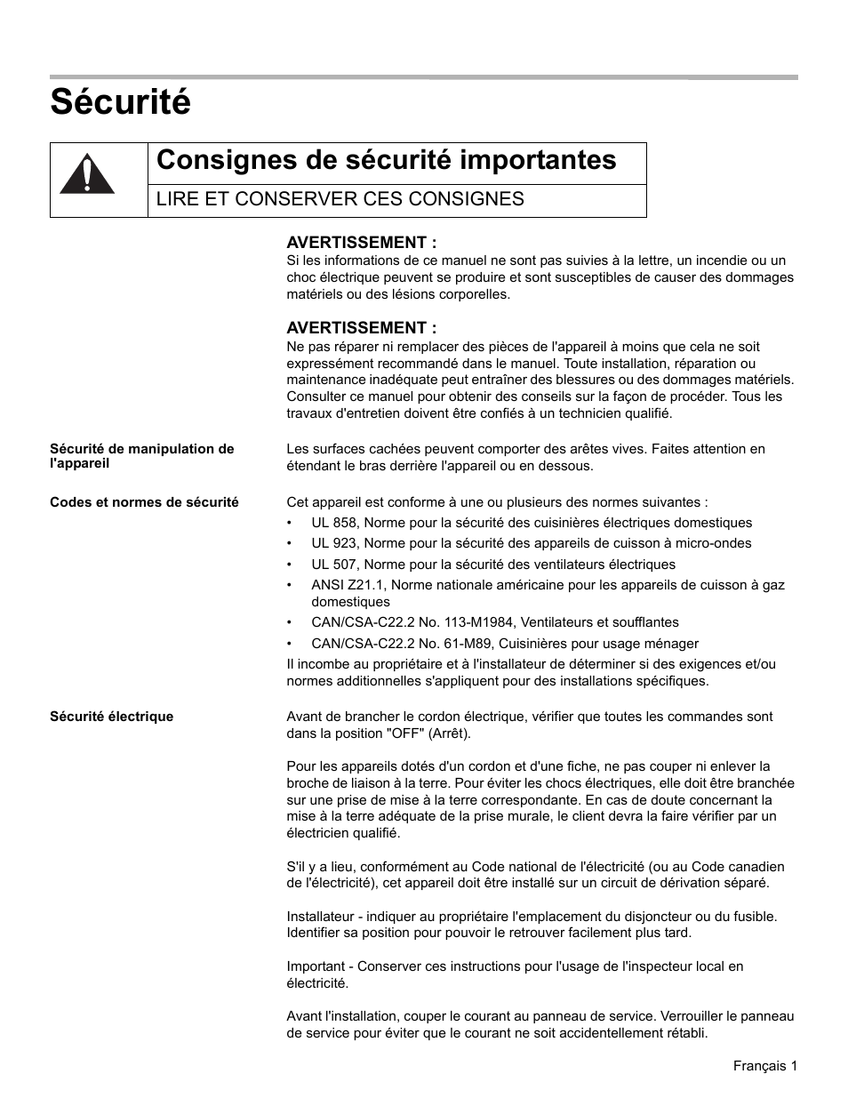 Sécurité, Consignes de sécurité importantes, Lire et conserver ces consignes | Sécurité de manipulation de l'appareil, Codes et normes de sécurité, Sécurité électrique | Thermador WD30  EU User Manual | Page 11 / 28