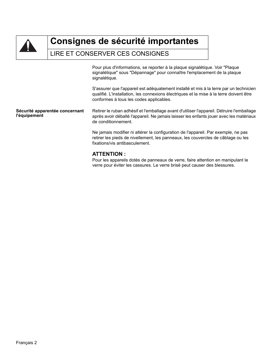 Consignes de sécurité importantes, Lire et conserver ces consignes, Sécurité apparentée concernant l'équipement | Thermador WD30  EU User Manual | Page 12 / 28