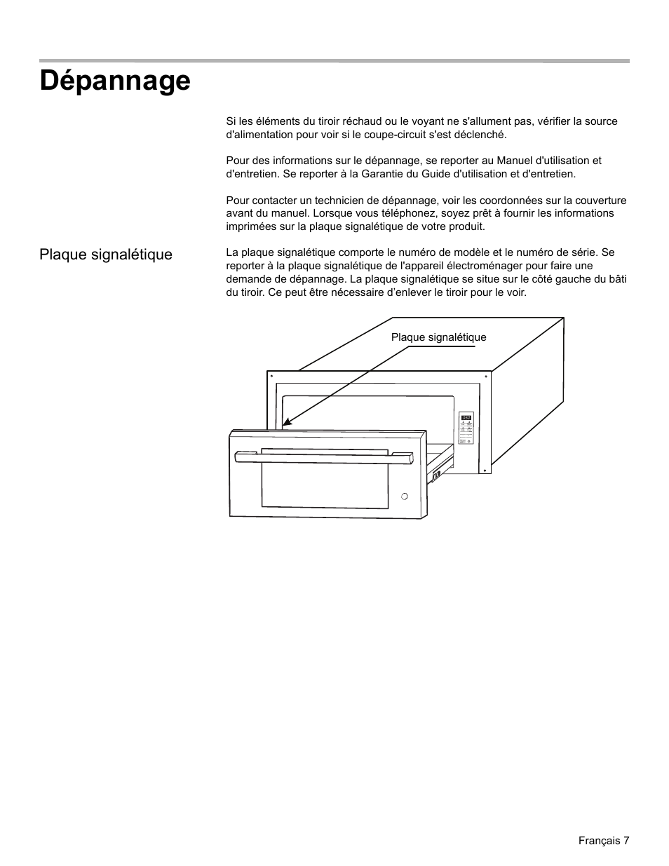 Dépannage, Plaque signalétique, Français 7 | Thermador WD30  EU User Manual | Page 17 / 28