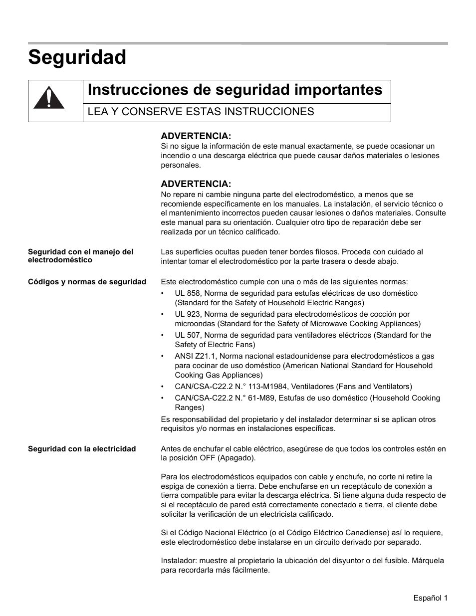 Seguridad, Instrucciones de seguridad importantes, Lea y conserve estas instrucciones | Seguridad con el manejo del electrodoméstico, Códigos y normas de seguridad, Seguridad con la electricidad | Thermador WD30  EU User Manual | Page 19 / 28