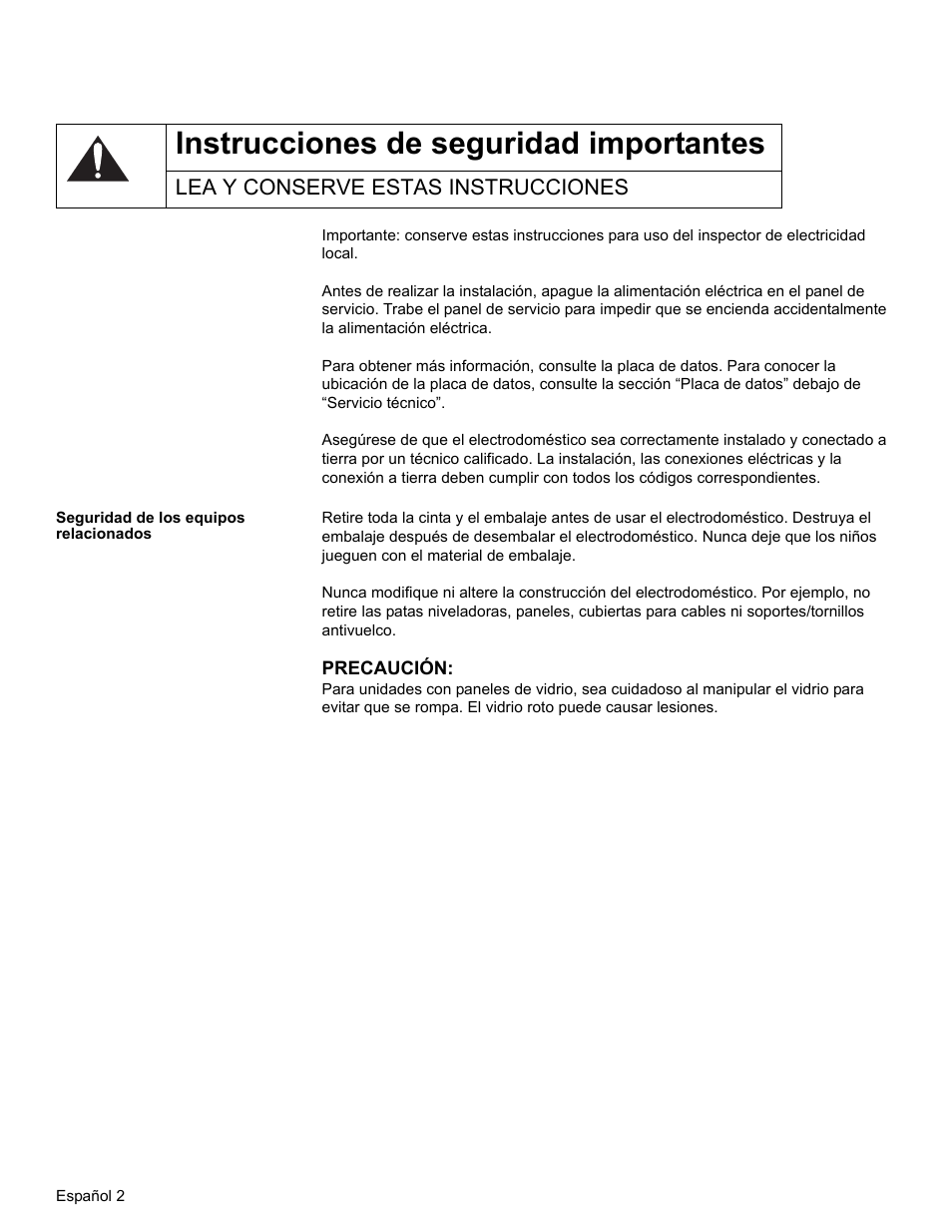 Instrucciones de seguridad importantes, Lea y conserve estas instrucciones, Seguridad de los equipos relacionados | Thermador WD30  EU User Manual | Page 20 / 28
