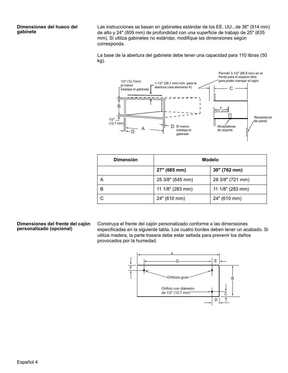 Dimensiones del hueco del gabinete | Thermador WD30  EU User Manual | Page 22 / 28