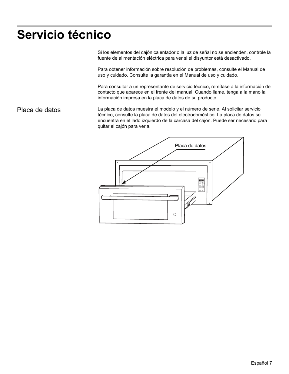 Servicio técnico, Placa de datos, Español 7 | Thermador WD30  EU User Manual | Page 25 / 28