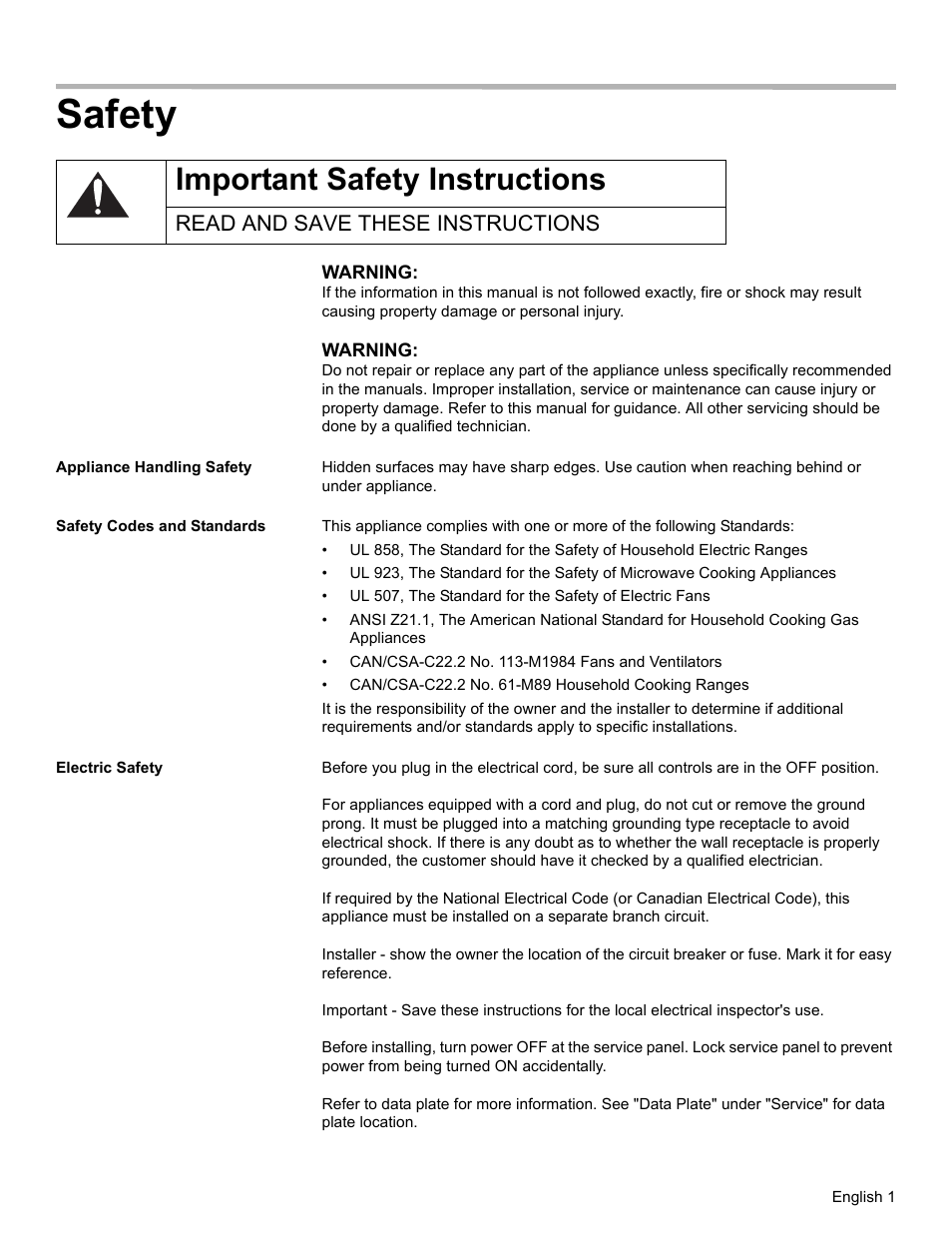 Safety, Important safety instructions, Read and save these instructions | Appliance handling safety, Safety codes and standards, Electric safety | Thermador WD30  EU User Manual | Page 3 / 28