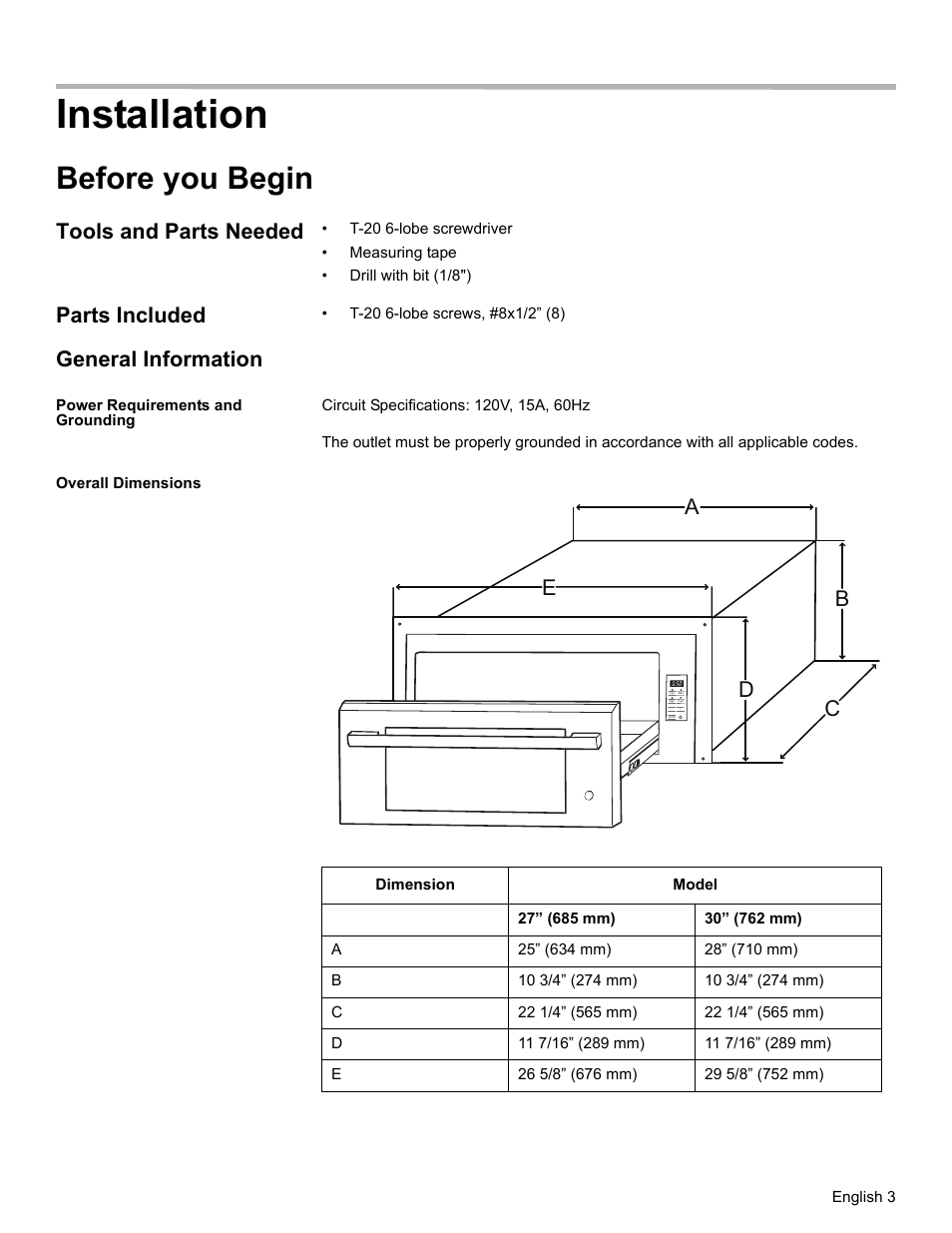 Installation, Before you begin, Tools and parts needed | Parts included, General information, Power requirements and grounding, Overall dimensions, Db a c e | Thermador WD30  EU User Manual | Page 5 / 28