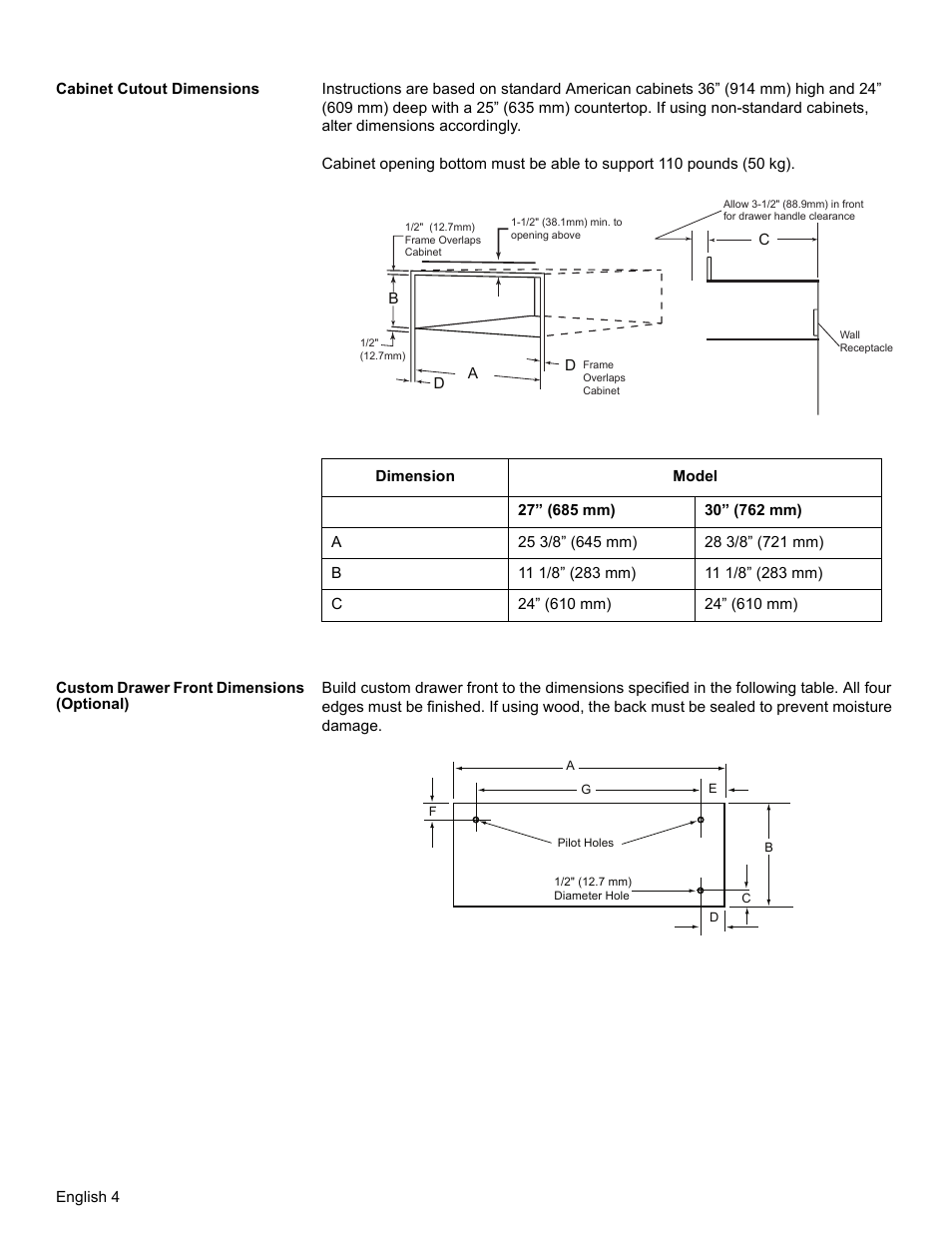 Cabinet cutout dimensions, Custom drawer front dimensions (optional) | Thermador WD30  EU User Manual | Page 6 / 28