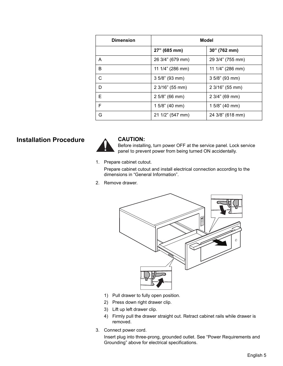 Installation procedure, Prepare cabinet cutout, Remove drawer | 1) pull drawer to fully open position, 2) press down right drawer clip, 3) lift up left drawer clip, Connect power cord | Thermador WD30  EU User Manual | Page 7 / 28