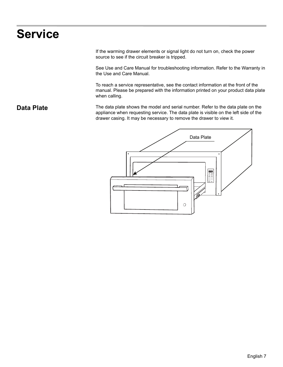 Service, Data plate, English 7 | Thermador WD30  EU User Manual | Page 9 / 28