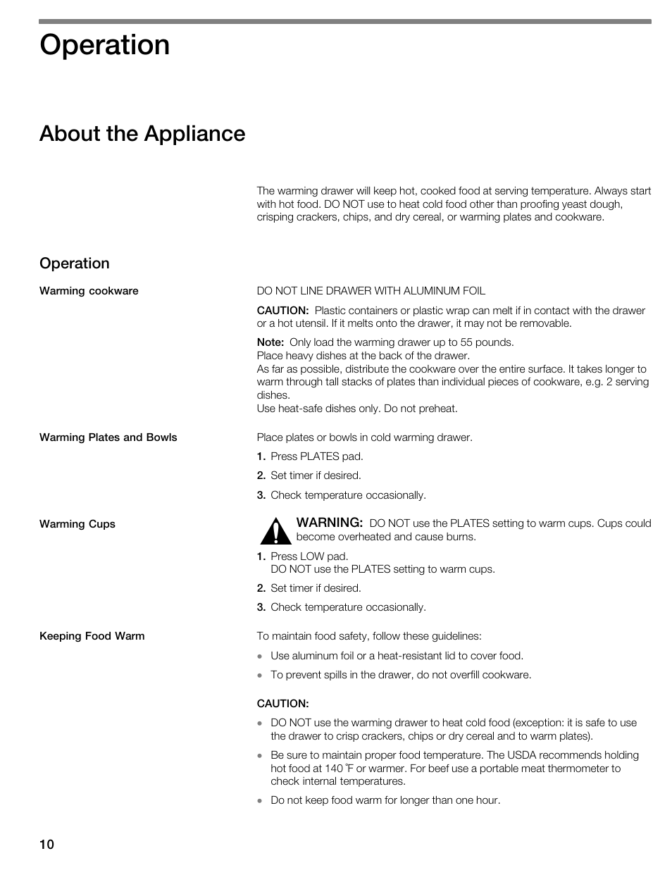 Operation, About the appliance | Thermador WDC36D User Manual | Page 10 / 48