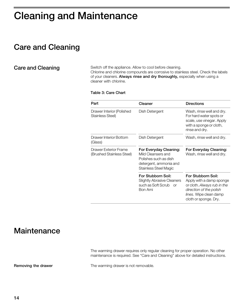 Cleaning and maintenance, Care and cleaning, Maintenance | Thermador WDC36D User Manual | Page 14 / 48