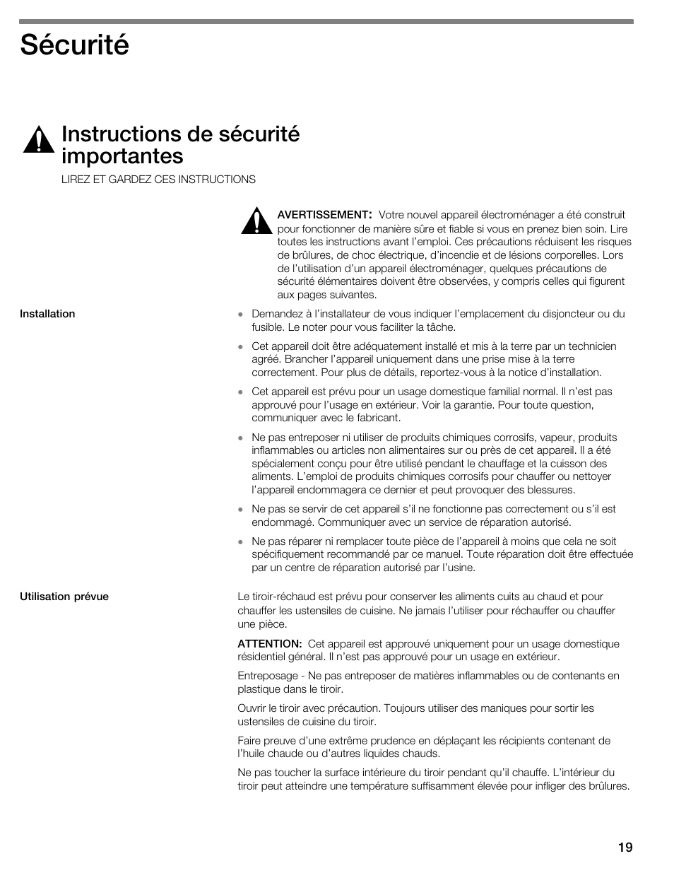 Sécurité, Instructions de sécurité importantes | Thermador WDC36D User Manual | Page 19 / 48