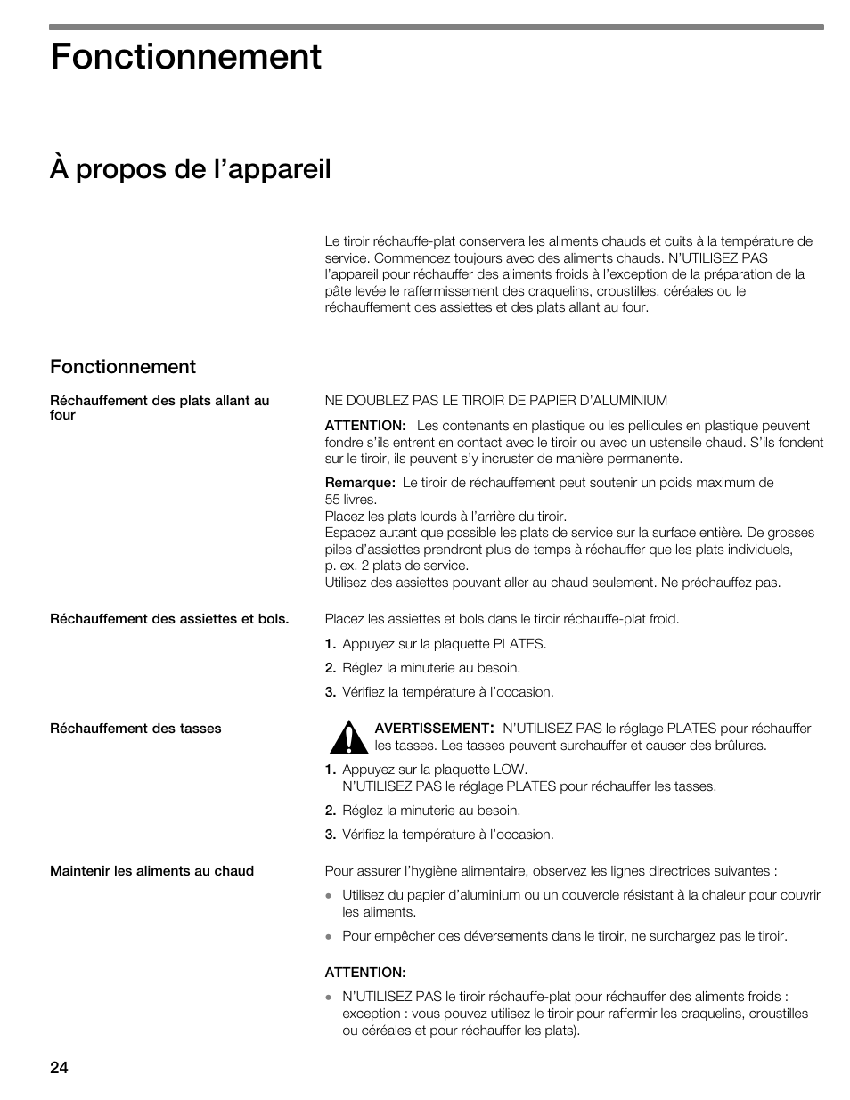 Fonctionnement, À propos de l'appareil | Thermador WDC36D User Manual | Page 24 / 48