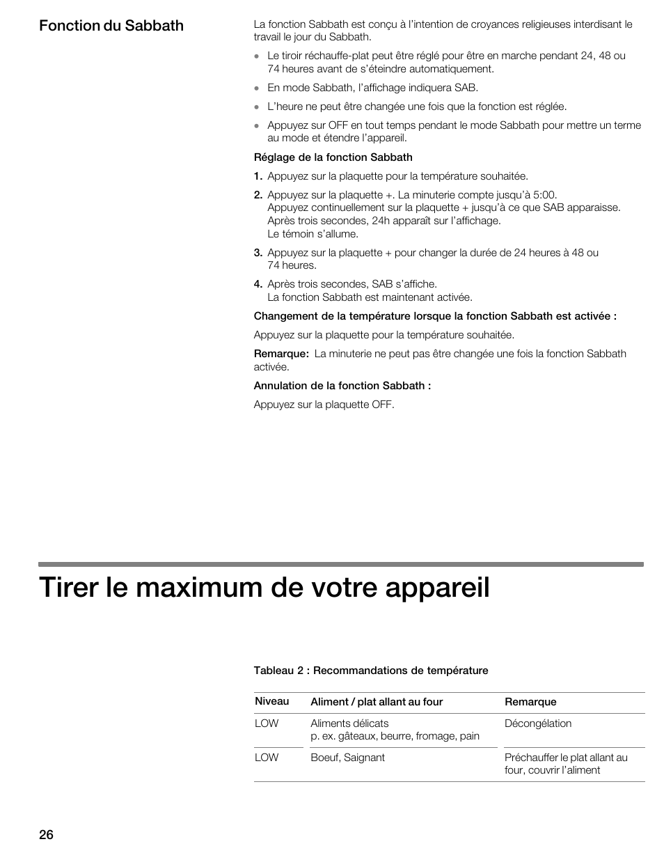 Tirer le maximum de votre appareil, Fonction du sabbath | Thermador WDC36D User Manual | Page 26 / 48