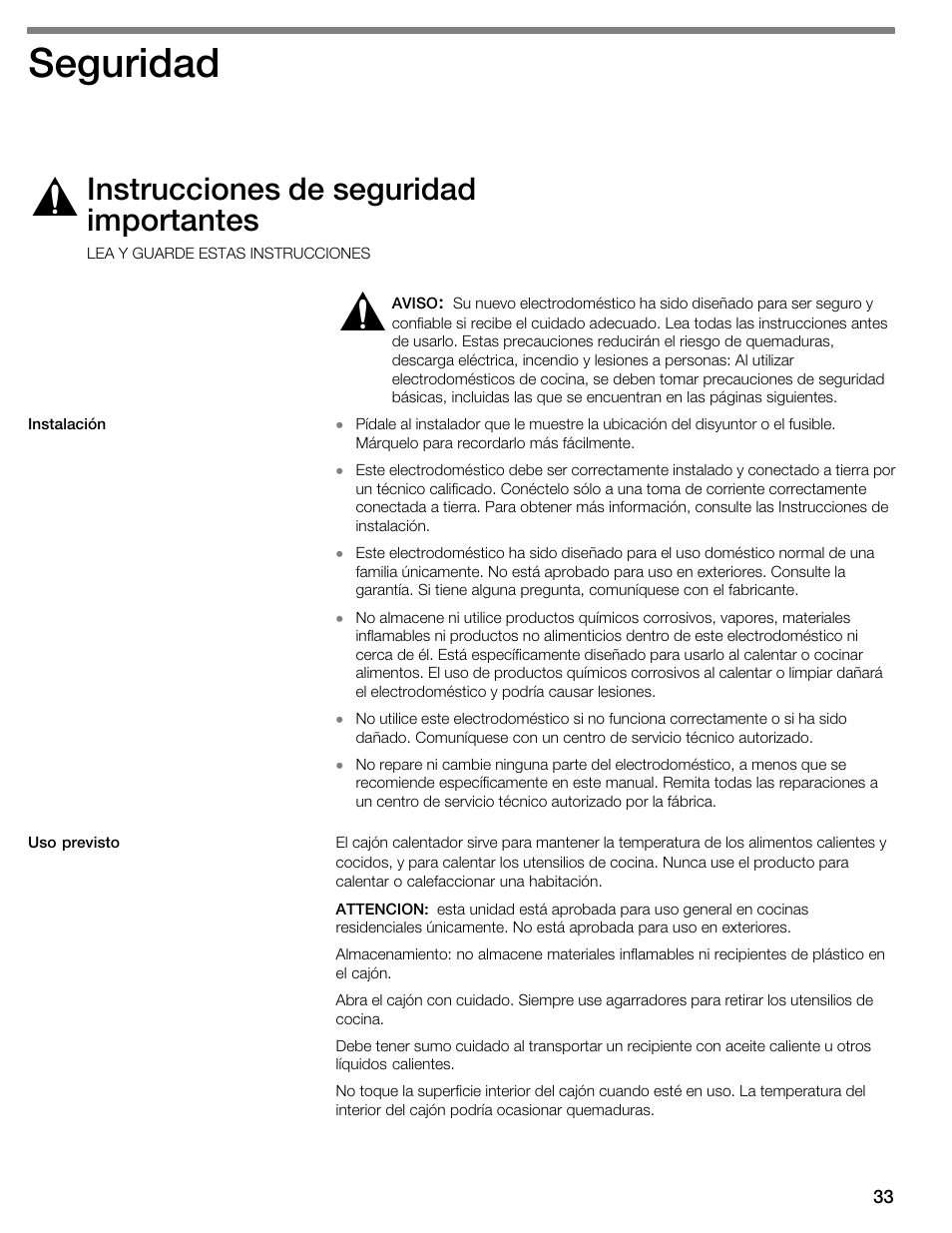 Seguridad, Instrucciones de seguridad importantes | Thermador WDC36D User Manual | Page 33 / 48