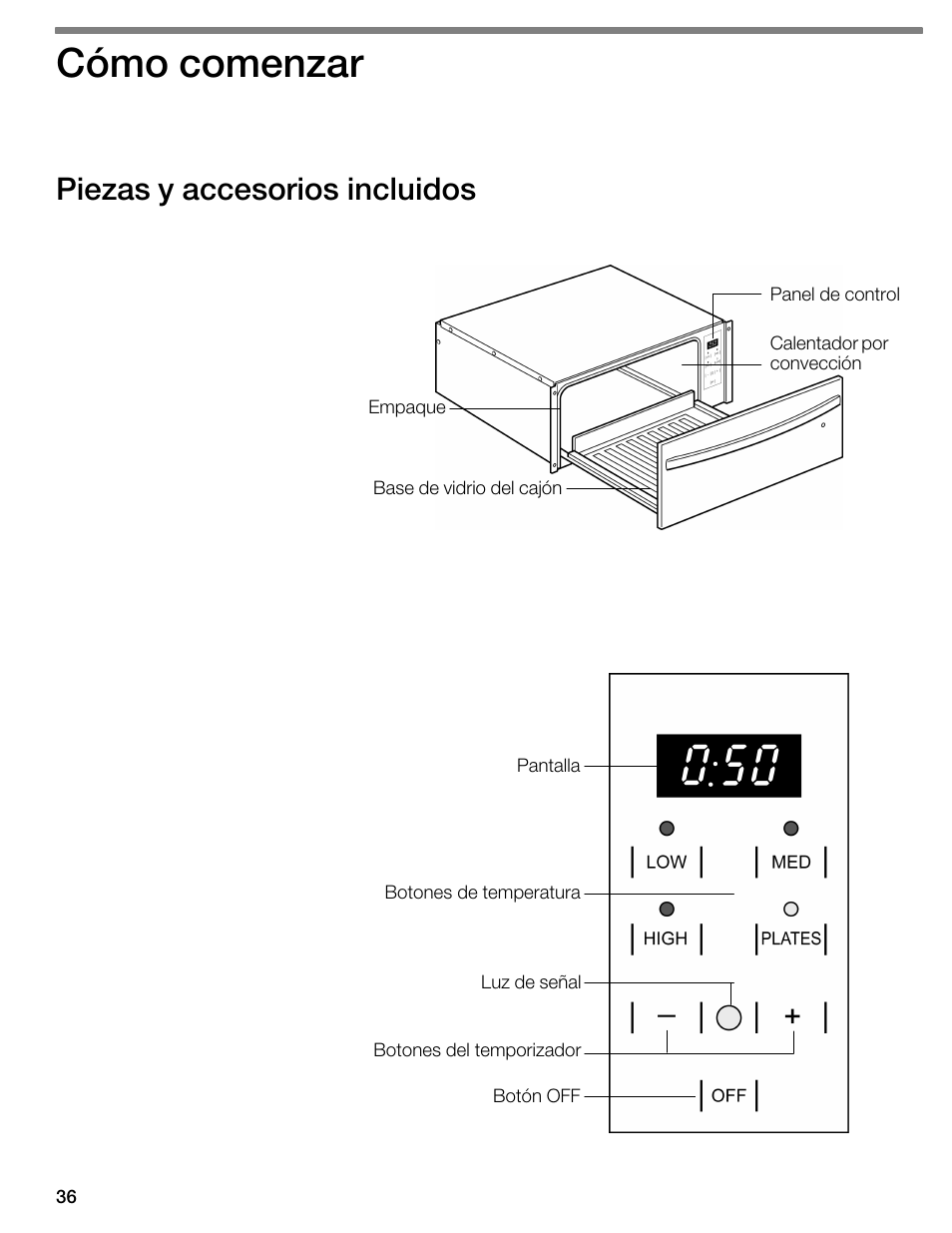 Cómo comenzar, Piezas y accesorios incluidos | Thermador WDC36D User Manual | Page 36 / 48