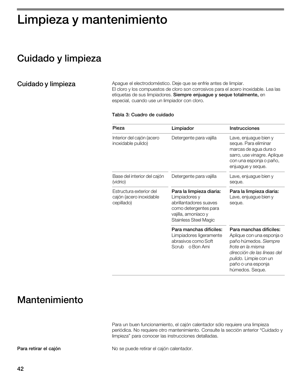 Limpieza y mantenimiento, Cuidado y limpieza, Mantenimiento | Thermador WDC36D User Manual | Page 42 / 48