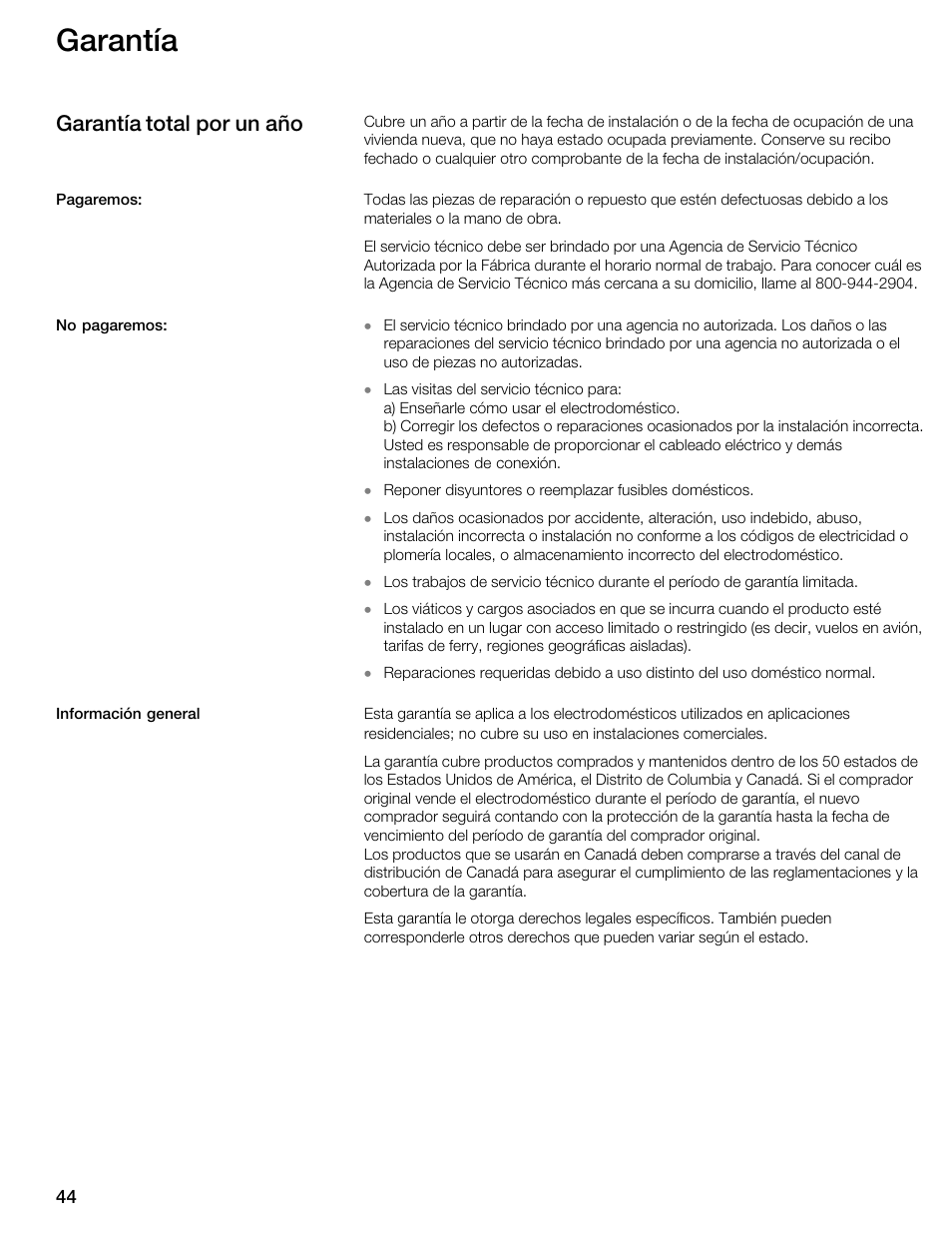 Garantía, Garantía total por un año | Thermador WDC36D User Manual | Page 44 / 48