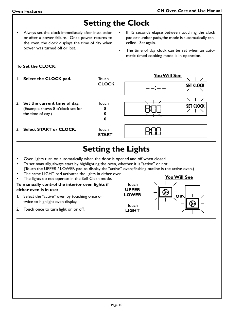 Setting the clock, Setting the lights | Thermador CM301 User Manual | Page 12 / 64