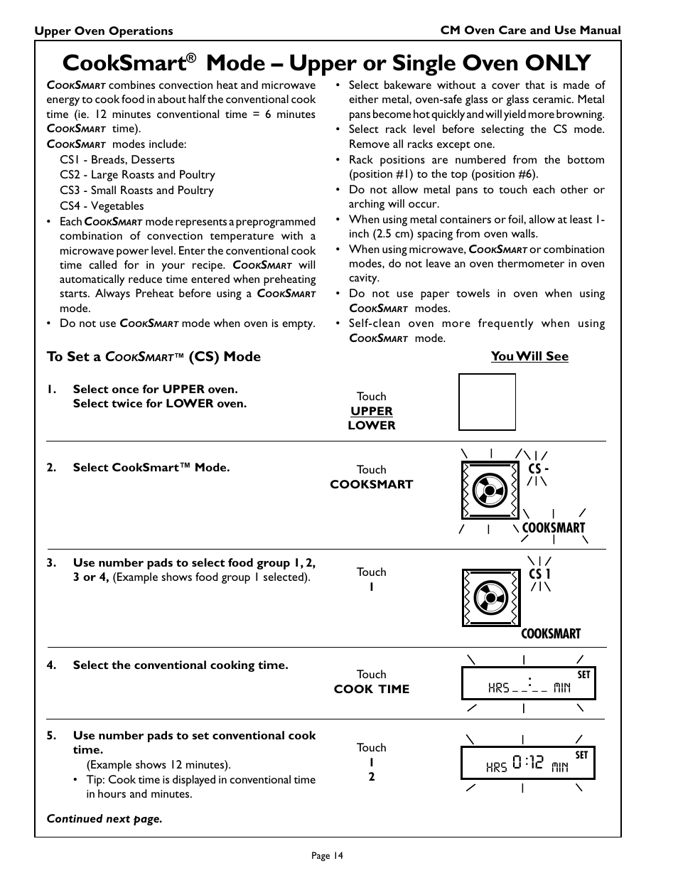 Cooksmart, Mode – upper or single oven only | Thermador CM301 User Manual | Page 16 / 64