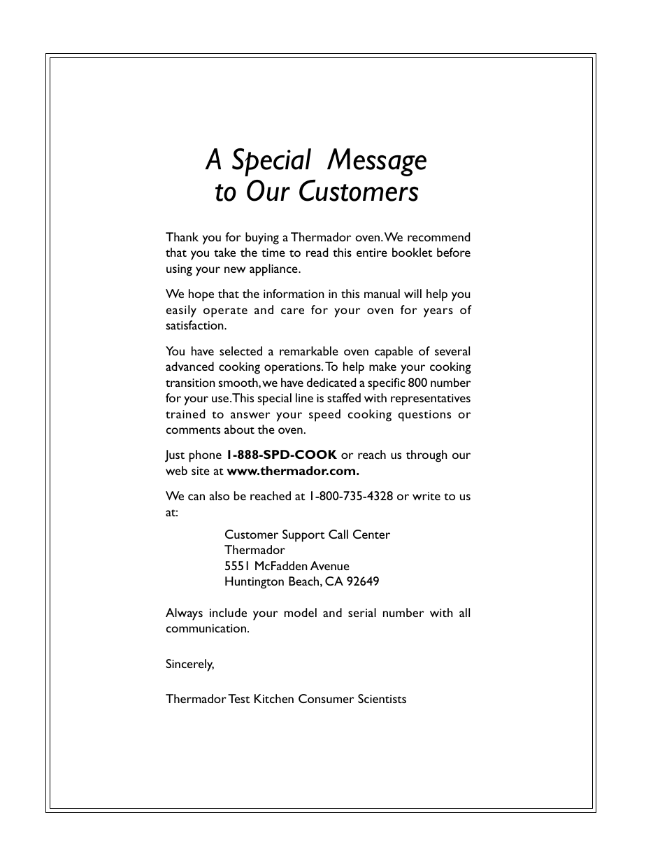 A special message to our customers | Thermador CM301 User Manual | Page 2 / 64