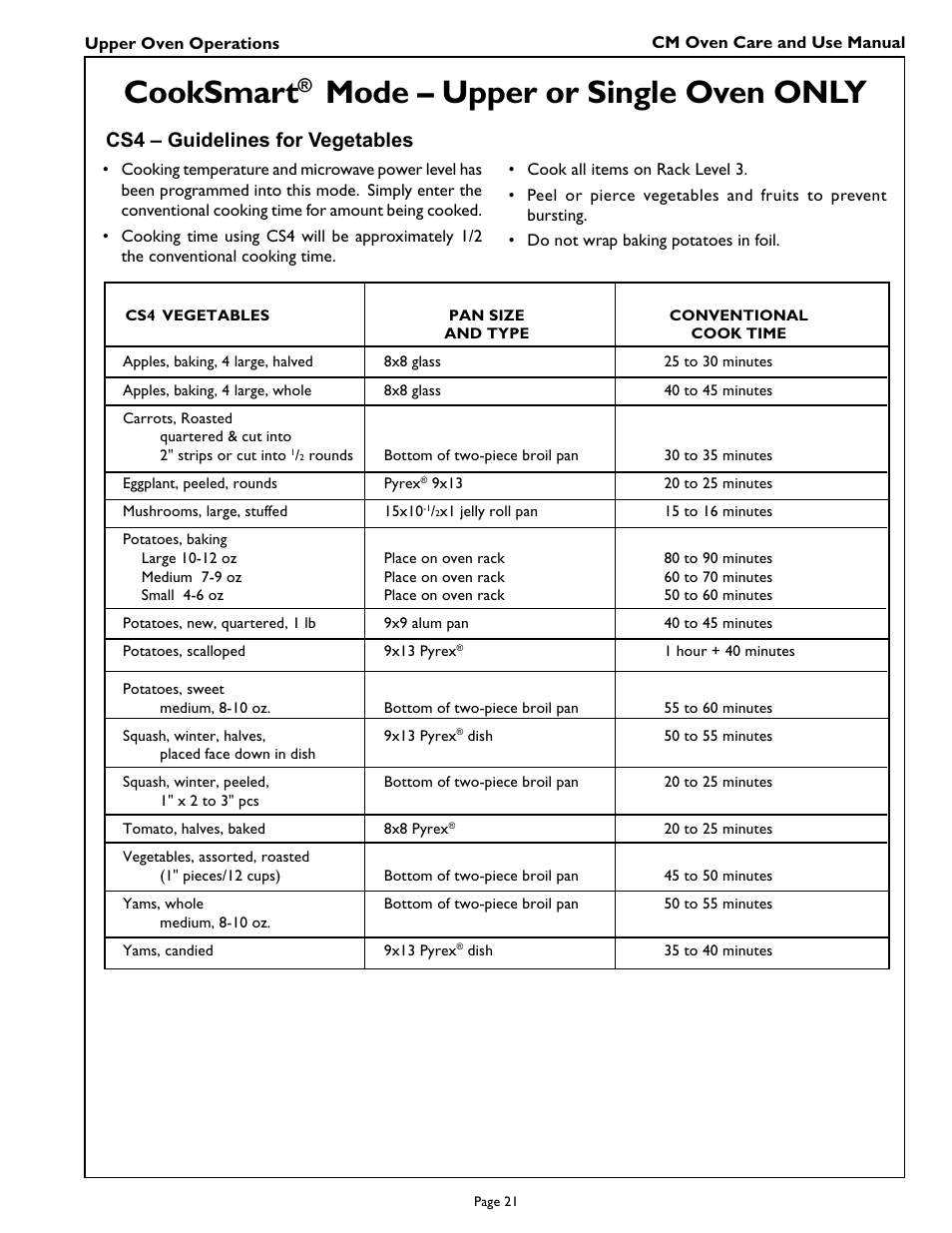 Cooksmart, Mode – upper or single oven only, Cs4 – guidelines for vegetables | Thermador CM301 User Manual | Page 23 / 64