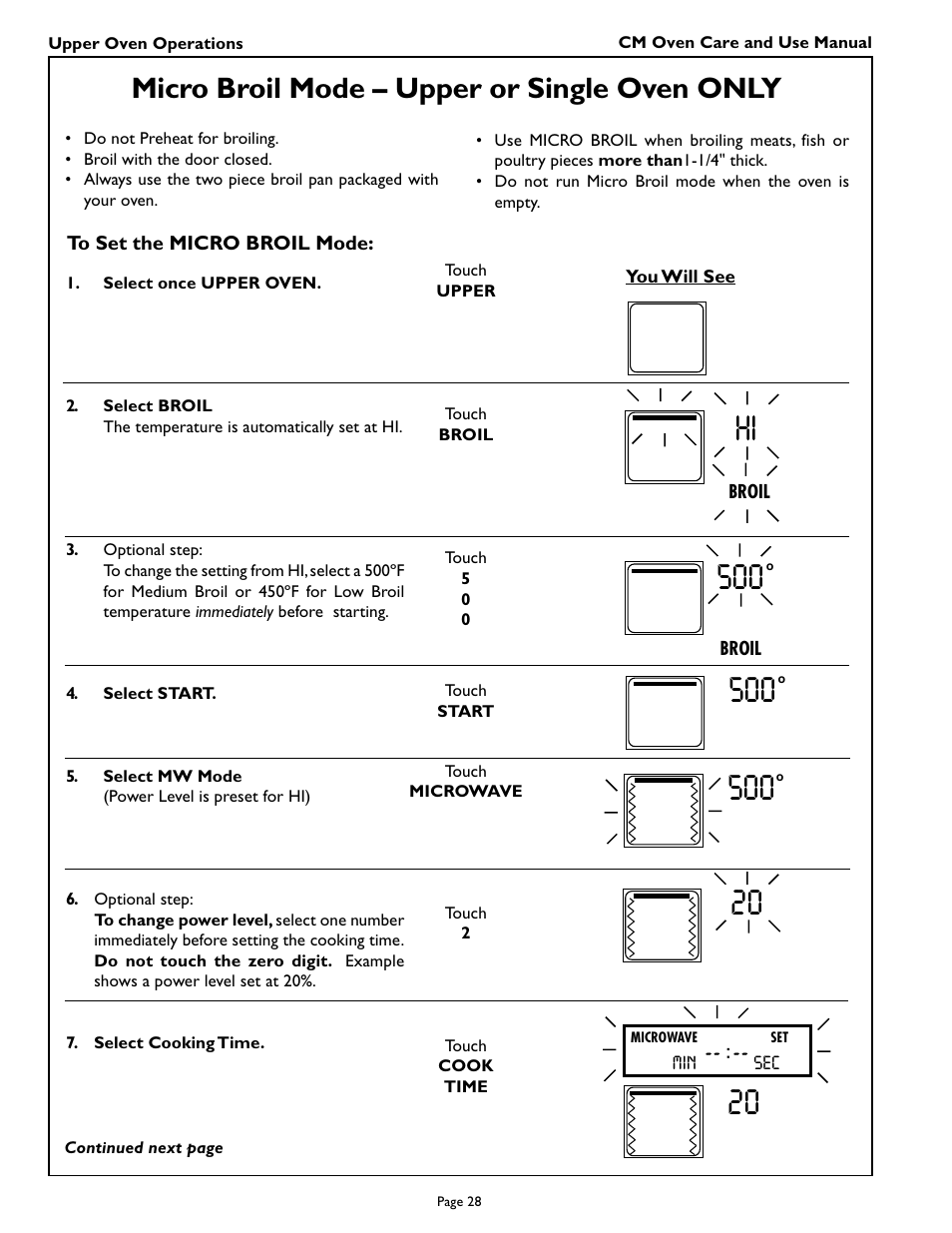 Micro broil mode – upper or single oven only | Thermador CM301 User Manual | Page 30 / 64