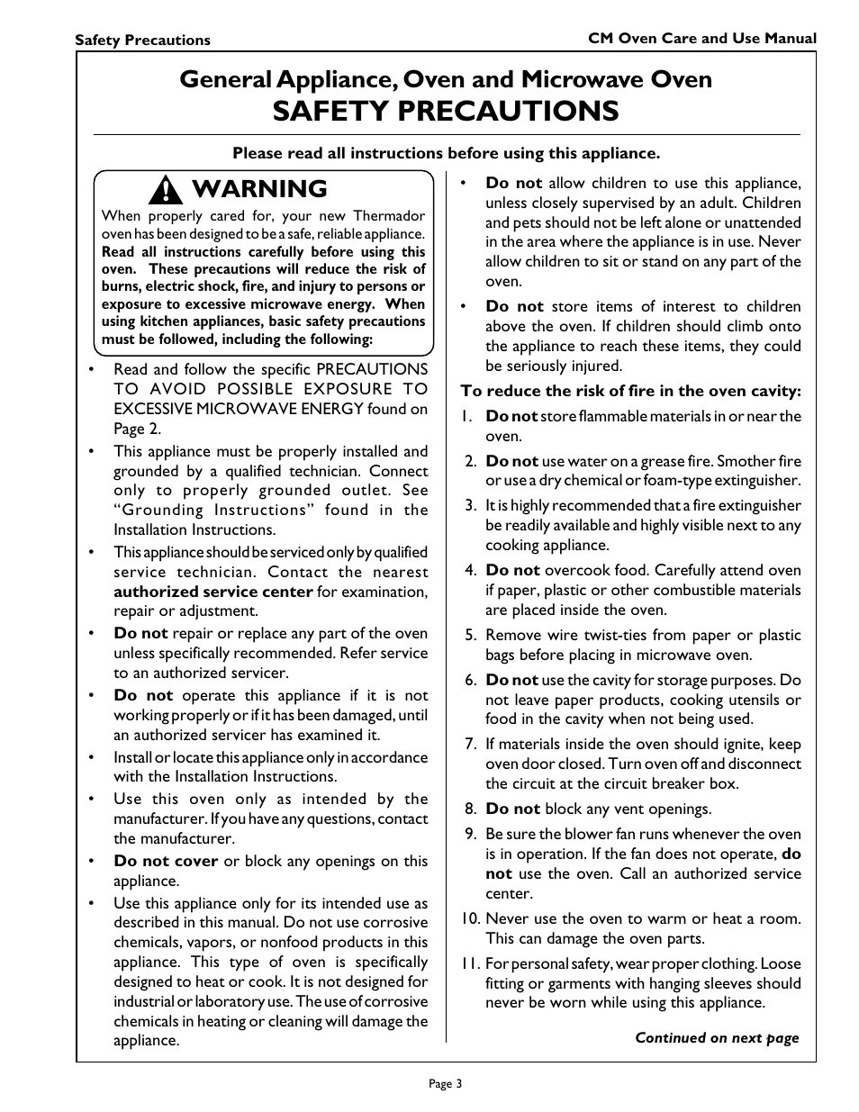 Safety precautions, General appliance, oven and microwave oven, Warning | Thermador CM301 User Manual | Page 5 / 64