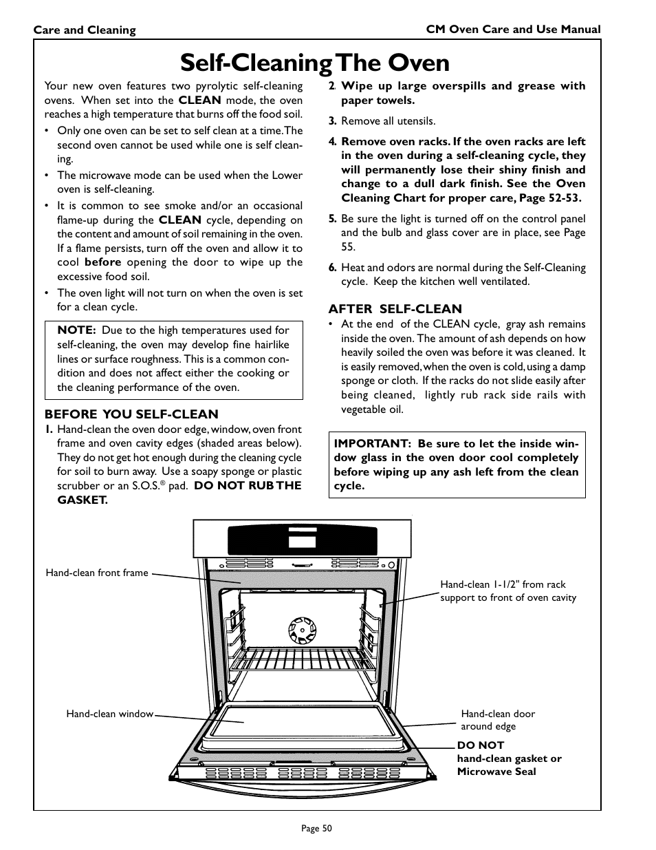 Self-cleaning the oven | Thermador CM301 User Manual | Page 52 / 64