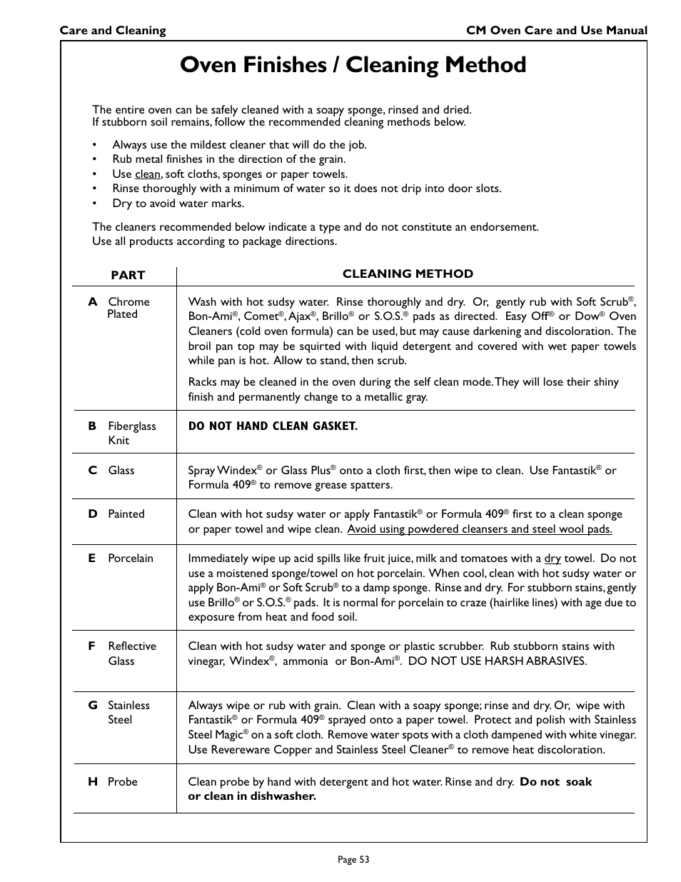 Oven finishes / cleaning method | Thermador CM301 User Manual | Page 55 / 64