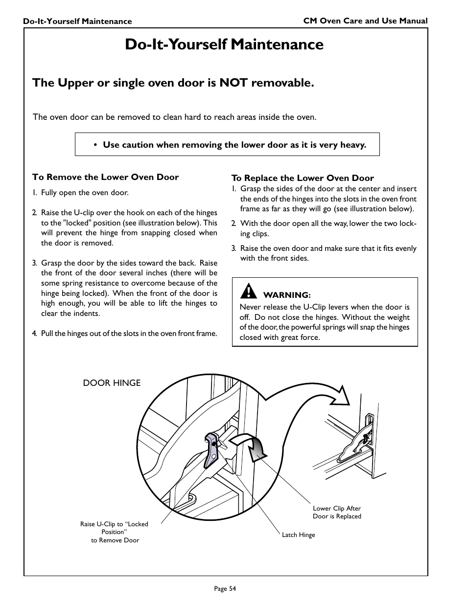 Do-it-yourself maintenance, The upper or single oven door is not removable | Thermador CM301 User Manual | Page 56 / 64