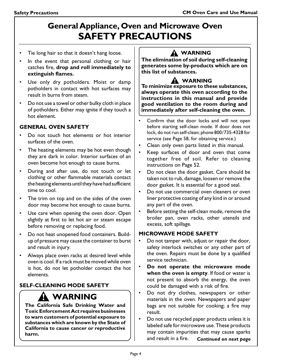 Safety precautions, General appliance, oven and microwave oven, Warning | Thermador CM301 User Manual | Page 6 / 64