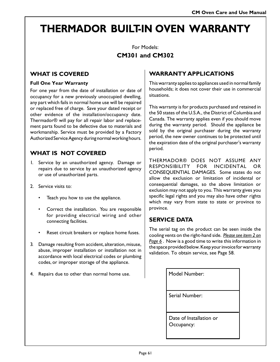 Thermador, Built-in oven warranty | Thermador CM301 User Manual | Page 63 / 64