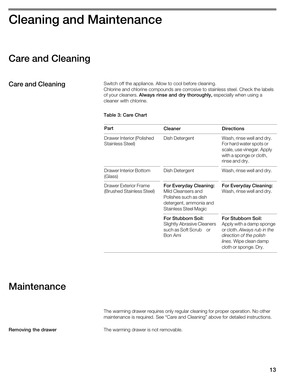 Cleaning and maintenance, Care and cleaning, Maintenance | Thermador WDC36 User Manual | Page 13 / 44