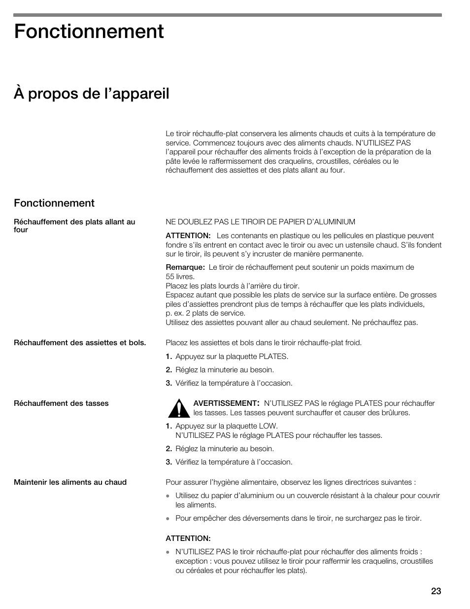 Fonctionnement, À propos de l'appareil | Thermador WDC36 User Manual | Page 23 / 44