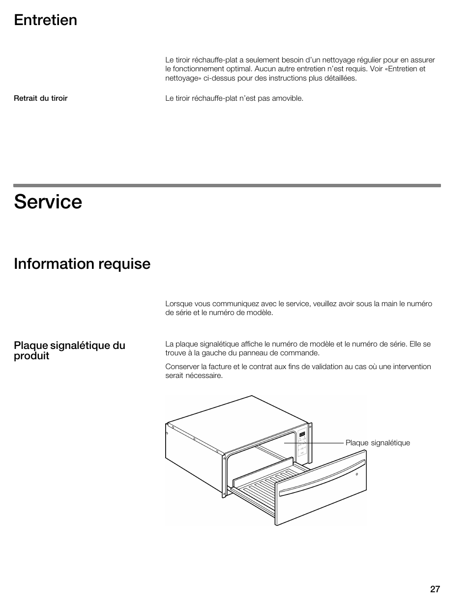 Service, Entretien, Information requise | Thermador WDC36 User Manual | Page 27 / 44