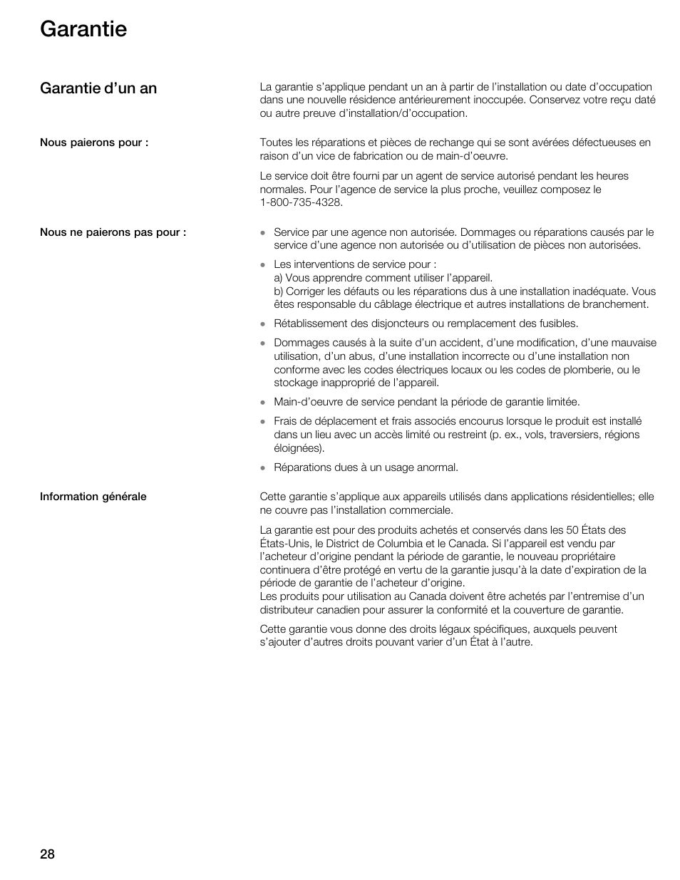 Garantie, Garantie d'un an | Thermador WDC36 User Manual | Page 28 / 44