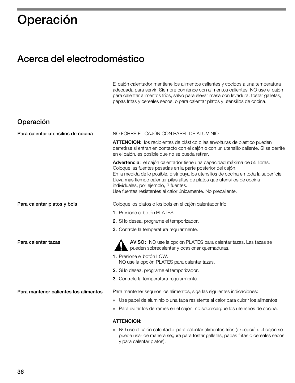 Operación, Acerca del electrodoméstico | Thermador WDC36 User Manual | Page 36 / 44