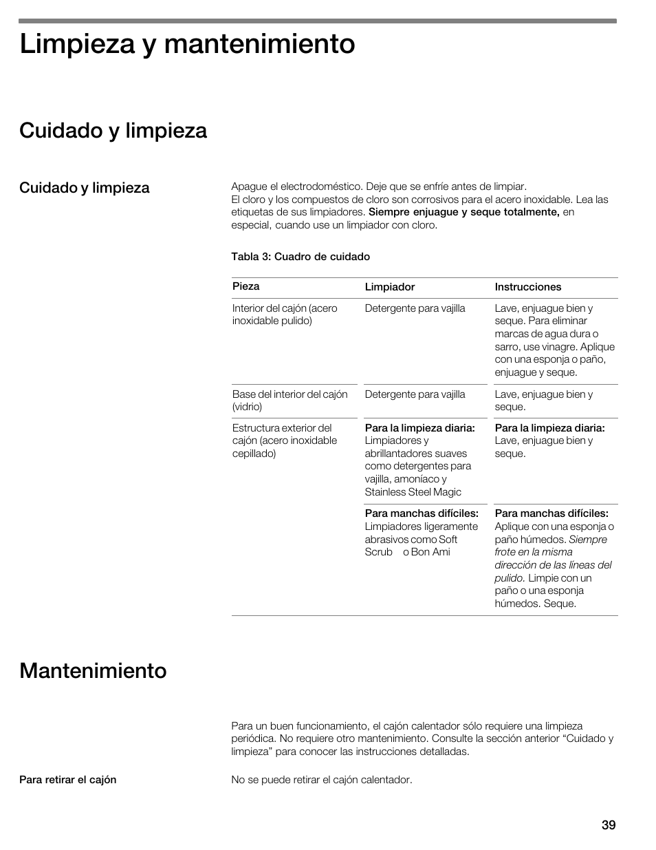 Limpieza y mantenimiento, Cuidado y limpieza, Mantenimiento | Thermador WDC36 User Manual | Page 39 / 44