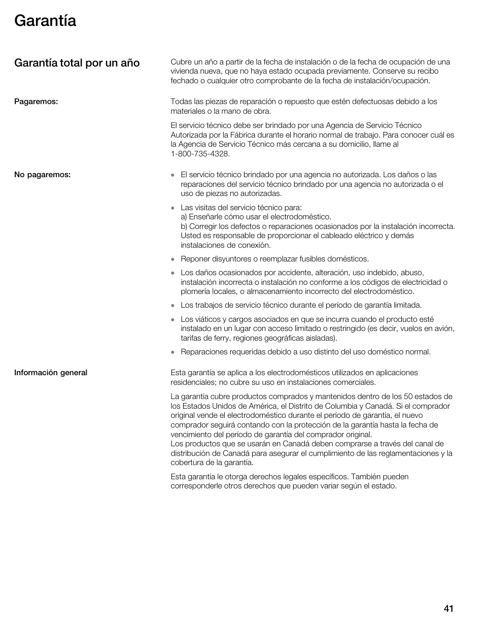 Garantía, Garantía total por un año | Thermador WDC36 User Manual | Page 41 / 44