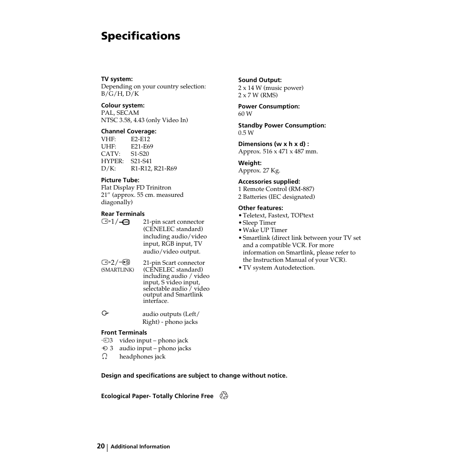 Specifications | Sony KV-21LS30K User Manual | Page 19 / 116