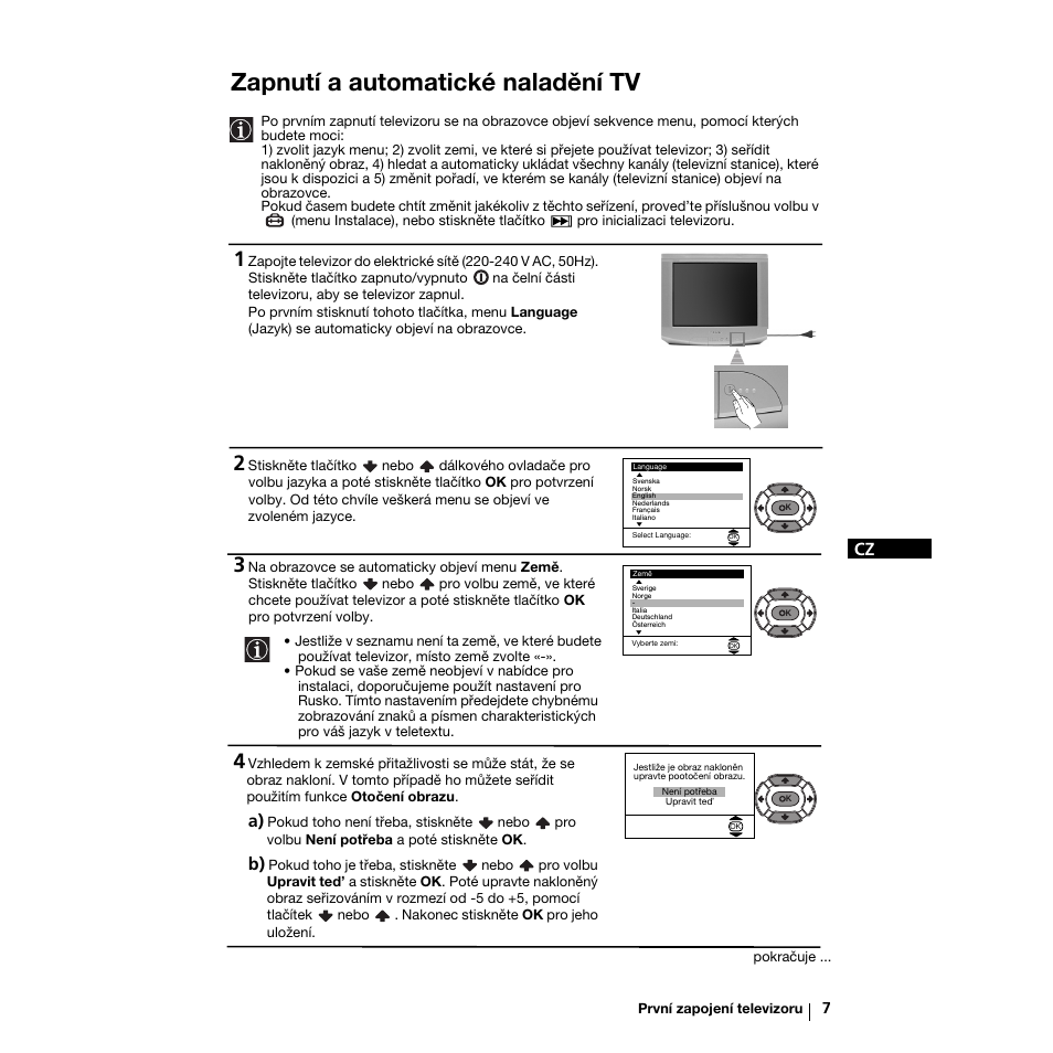 Zapnutí a automatické naladění tv | Sony KV-21LS30K User Manual | Page 44 / 116
