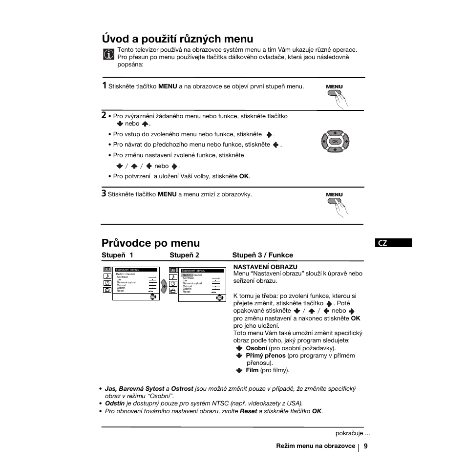 Úvod a použití různých menu, Průvodce po menu | Sony KV-21LS30K User Manual | Page 46 / 116