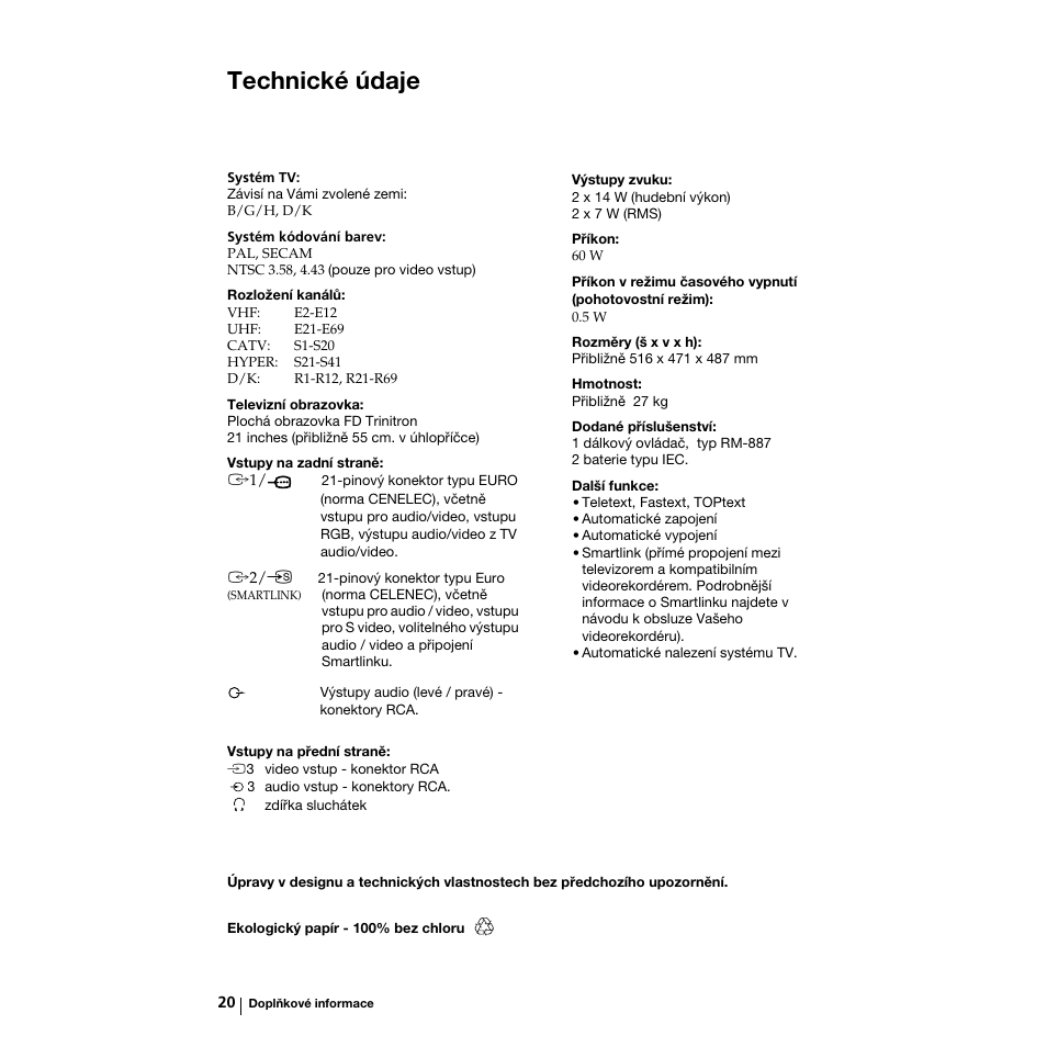 Technické údaje | Sony KV-21LS30K User Manual | Page 57 / 116