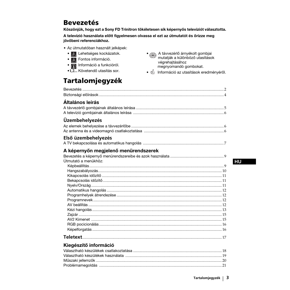 Bevezetés, Tartalomjegyzék | Sony KV-21LS30K User Manual | Page 59 / 116