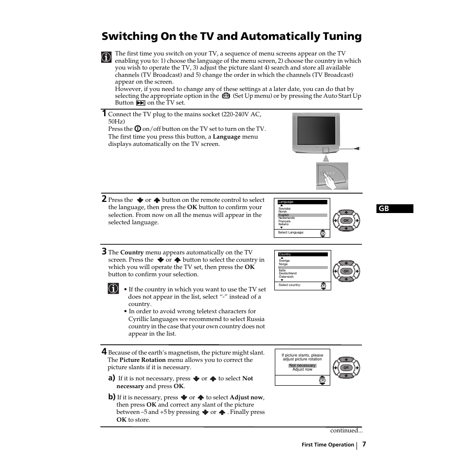 Switching on the tv and automatically tuning | Sony KV-21LS30K User Manual | Page 6 / 116