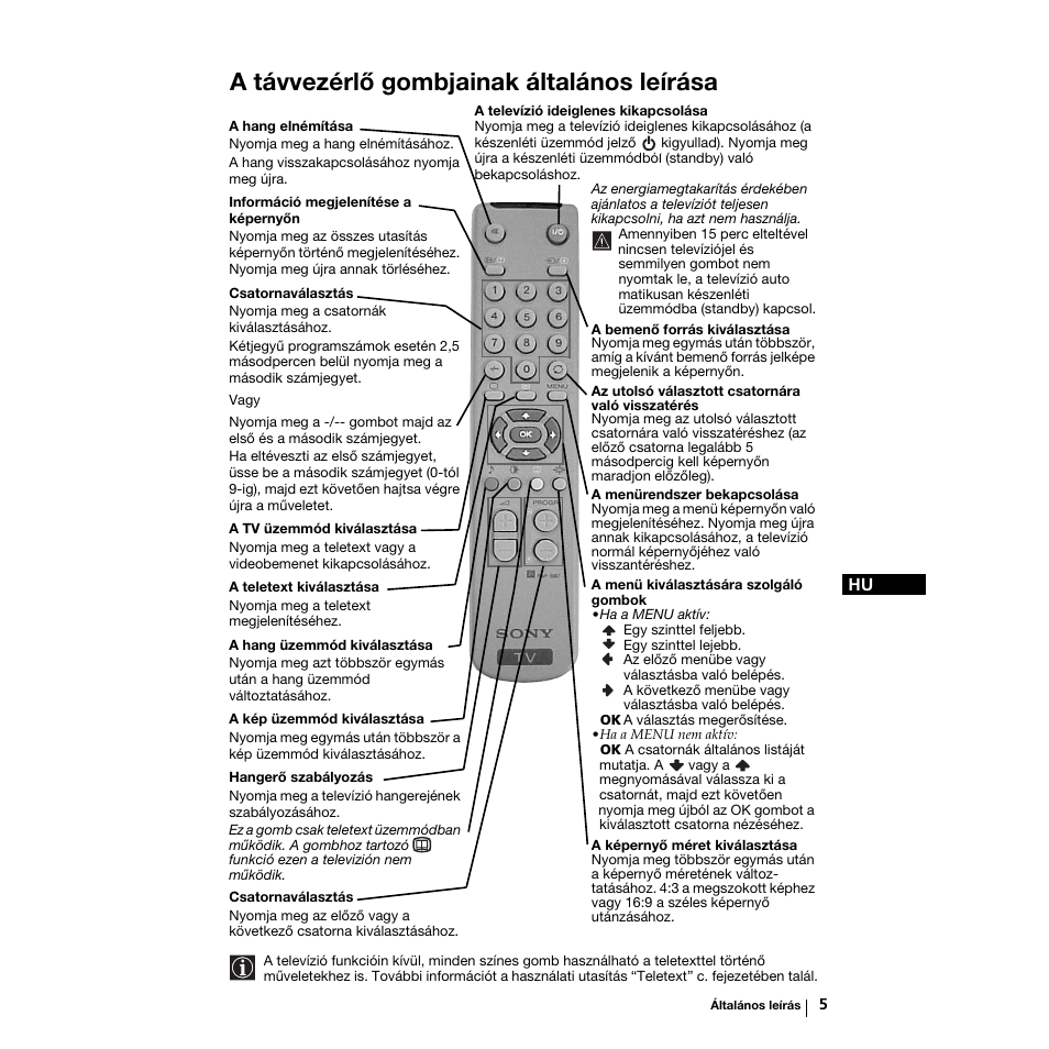 A távvezérlő gombjainak általános leírása | Sony KV-21LS30K User Manual | Page 61 / 116