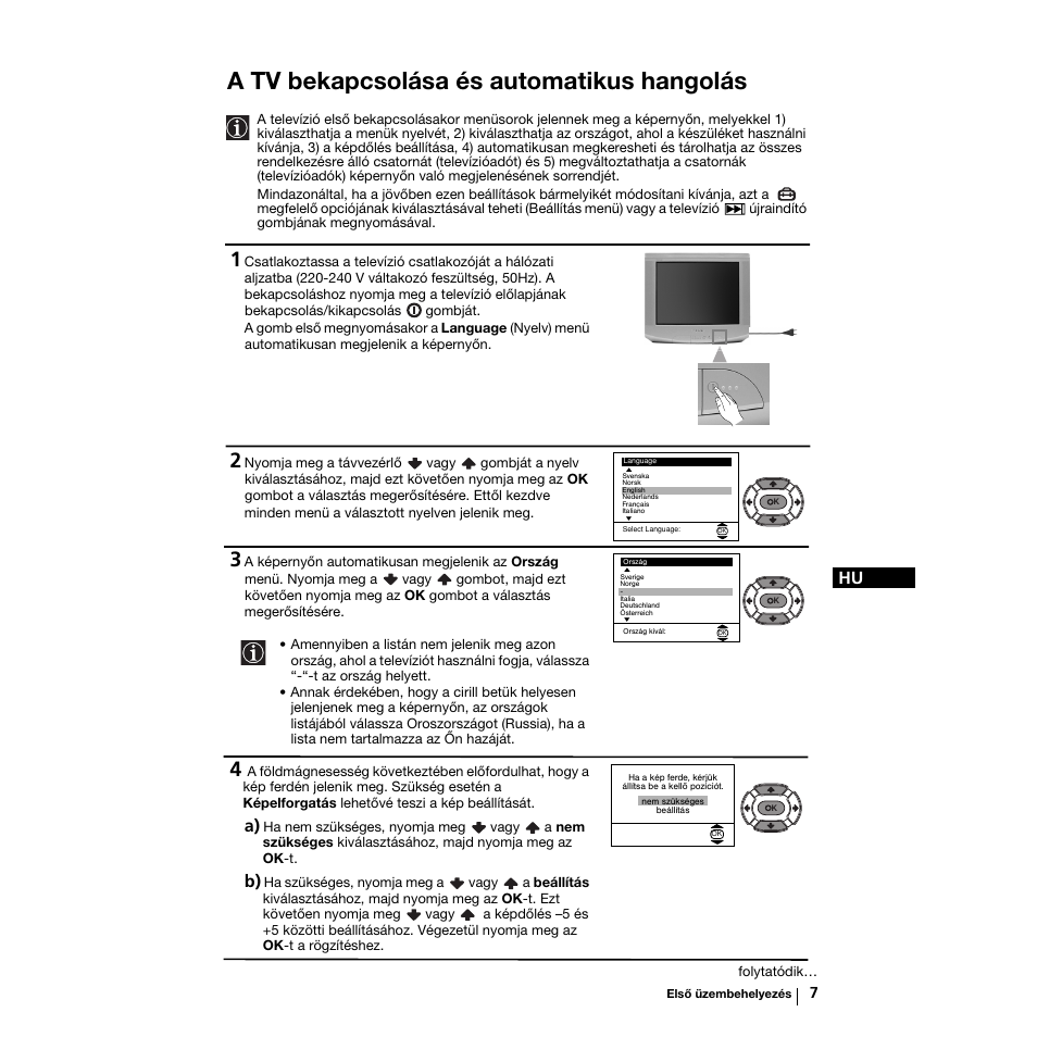 A tv bekapcsolása és automatikus hangolás | Sony KV-21LS30K User Manual | Page 63 / 116