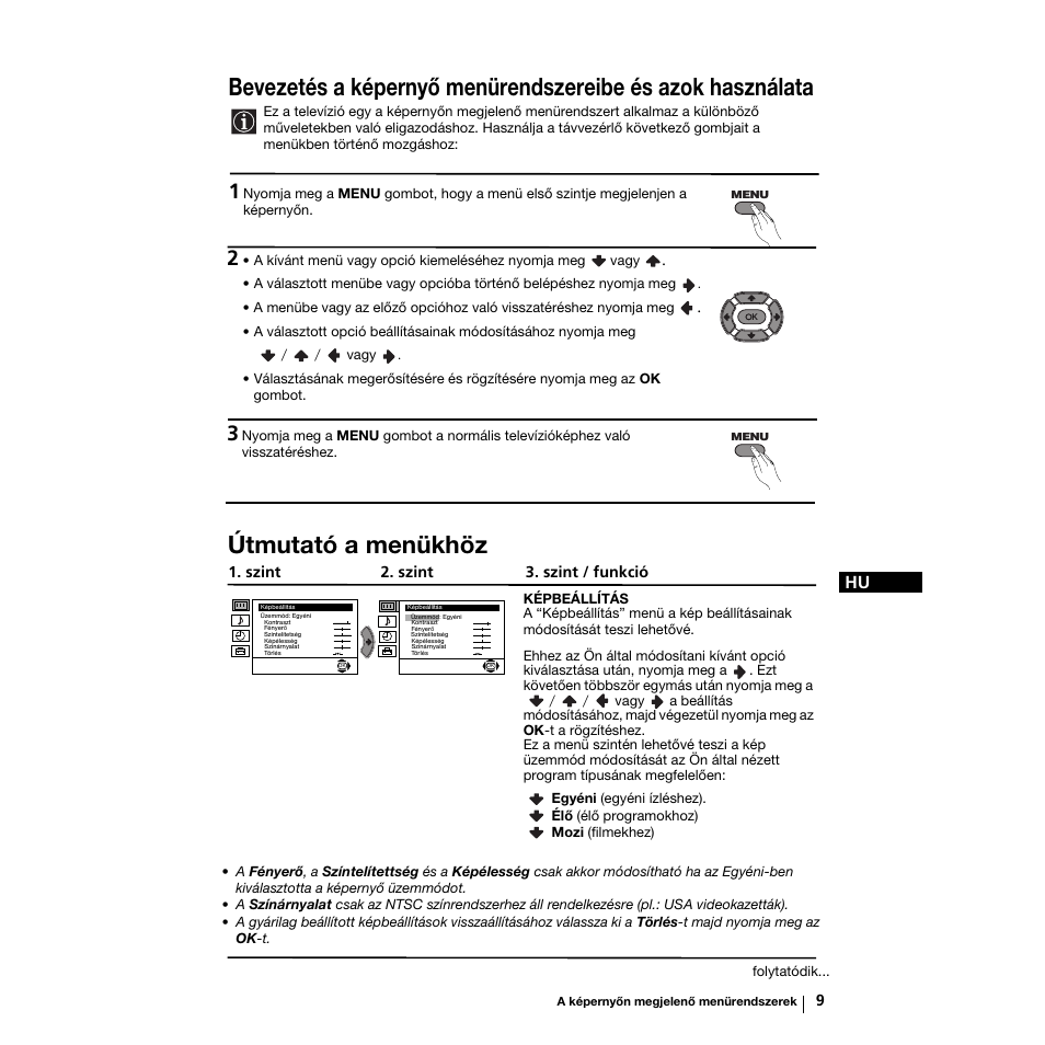 Útmutató a menükhöz, Szint 2. szint 3. szint / funkció | Sony KV-21LS30K User Manual | Page 65 / 116