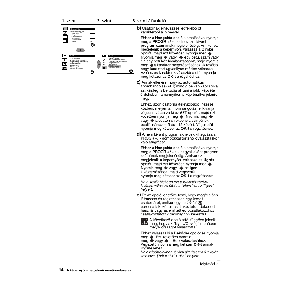 Szint 2. szint 3. szint / funkció | Sony KV-21LS30K User Manual | Page 70 / 116